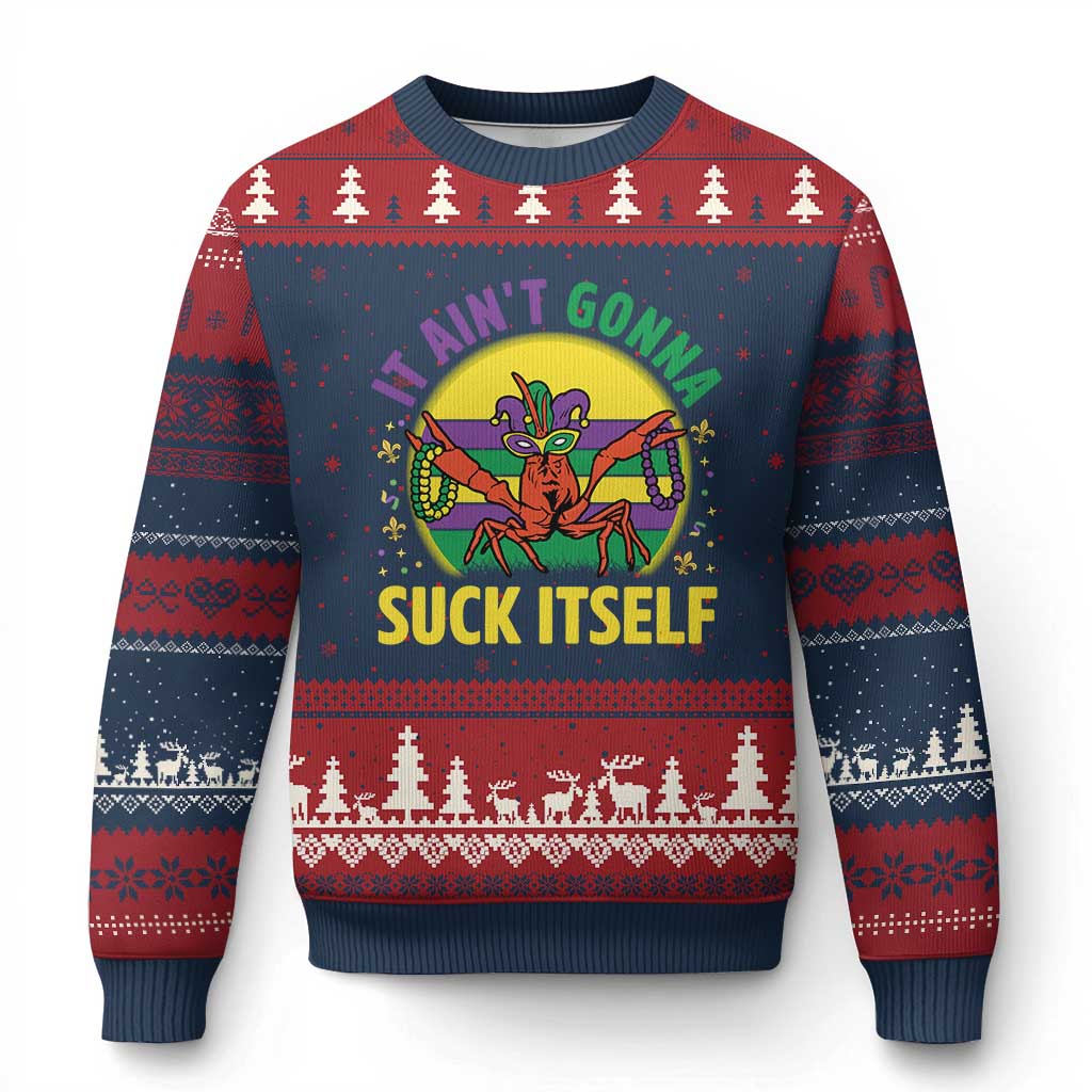 Mardi Gras Crawfish Ugly Christmas Sweater It Ain't Gonna Suck Itself TS14 Navy Red Print Your Wear
