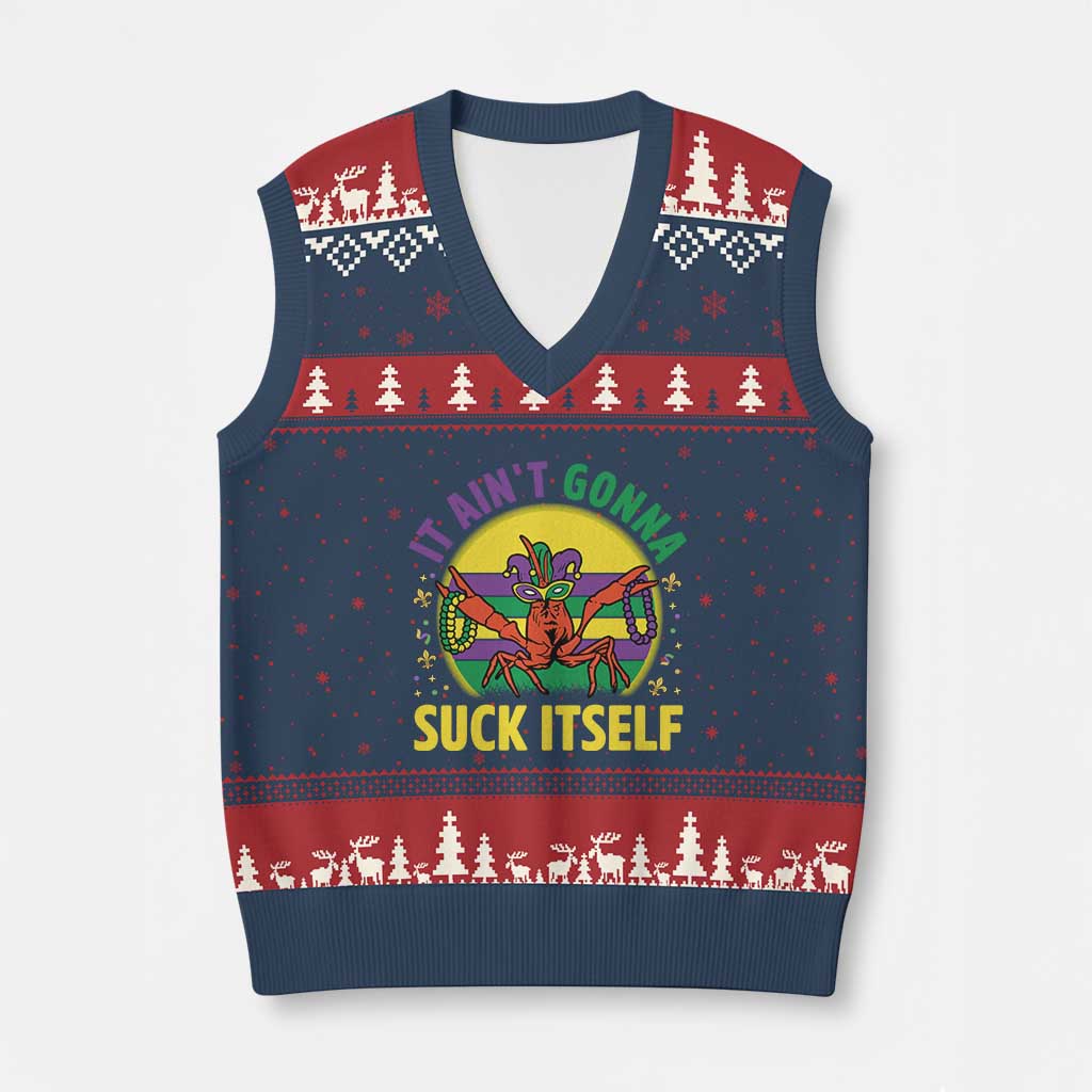 Mardi Gras Crawfish V-Neck Knit Sweater Vest It Ain't Gonna Suck Itself TS14 Navy Red Print Your Wear