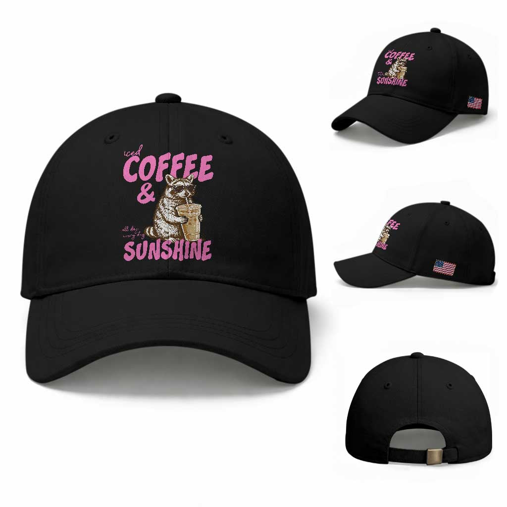 Iced Coffee and Sunshine Baseball Cap Funny Raccoon Summer Coffee Lover Gift TS14 Baseball Cap Universal Fit Black Print Your Wear