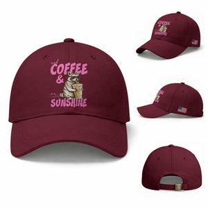 Iced Coffee and Sunshine Baseball Cap Funny Raccoon Summer Coffee Lover Gift TS14 Baseball Cap Universal Fit Maroon Print Your Wear