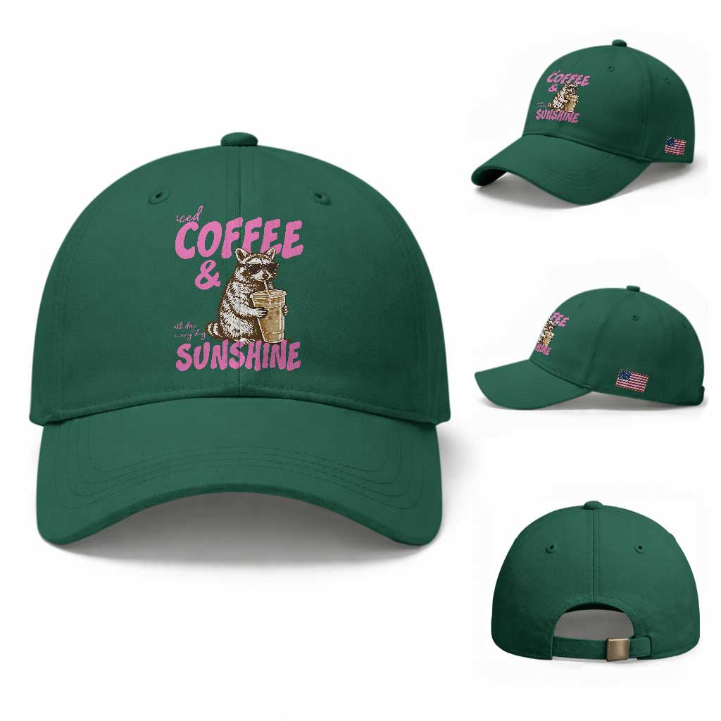 Iced Coffee and Sunshine Baseball Cap Funny Raccoon Summer Coffee Lover Gift TS14 Baseball Cap Universal Fit Irish Green Print Your Wear