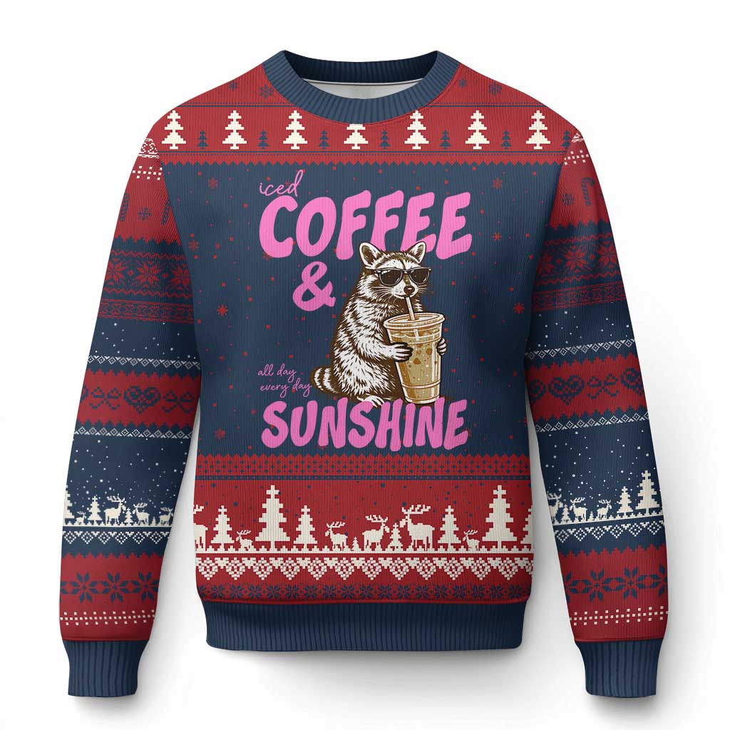 Iced Coffee and Sunshine Ugly Christmas Sweater Funny Raccoon Summer Coffee Lover Gift TS14 Navy Red Print Your Wear