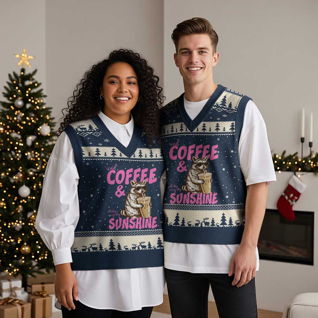 Iced Coffee and Sunshine V-Neck Knit Sweater Vest Funny Raccoon Summer Coffee Lover Gift TS14 Navy Beige Print Your Wear