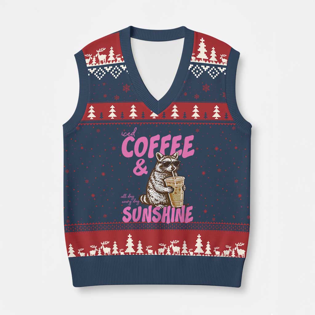 Iced Coffee and Sunshine V-Neck Knit Sweater Vest Funny Raccoon Summer Coffee Lover Gift TS14 Navy Red Print Your Wear