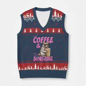 Iced Coffee and Sunshine V-Neck Knit Sweater Vest Funny Raccoon Summer Coffee Lover Gift TS14 Navy Red Print Your Wear