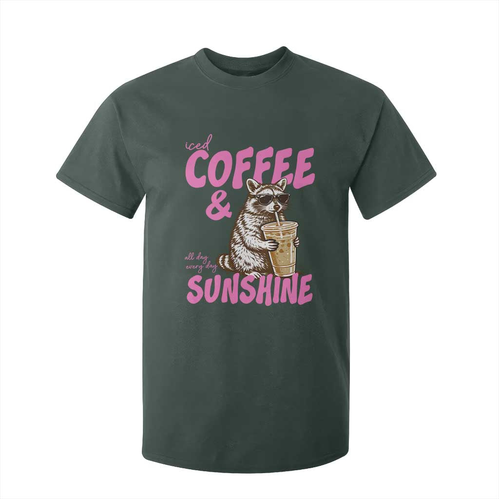 Iced Coffee and Sunshine T Shirt For Kid Funny Raccoon Summer Coffee Lover Gift TS14 Dark Forest Green Print Your Wear