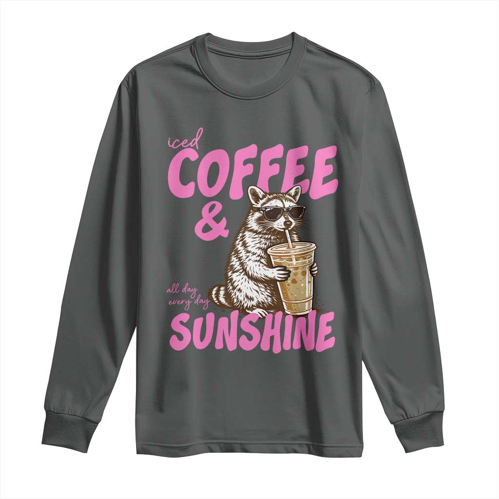 Iced Coffee and Sunshine Long Sleeve Shirt Funny Raccoon Summer Coffee Lover Gift TS14 Dark Heather Print Your Wear