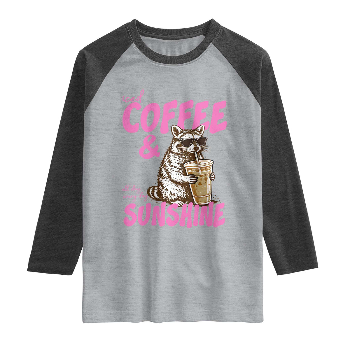 Iced Coffee and Sunshine Raglan Shirt Funny Raccoon Summer Coffee Lover Gift TS14 Heather Gray Heather Charcoal Print Your Wear