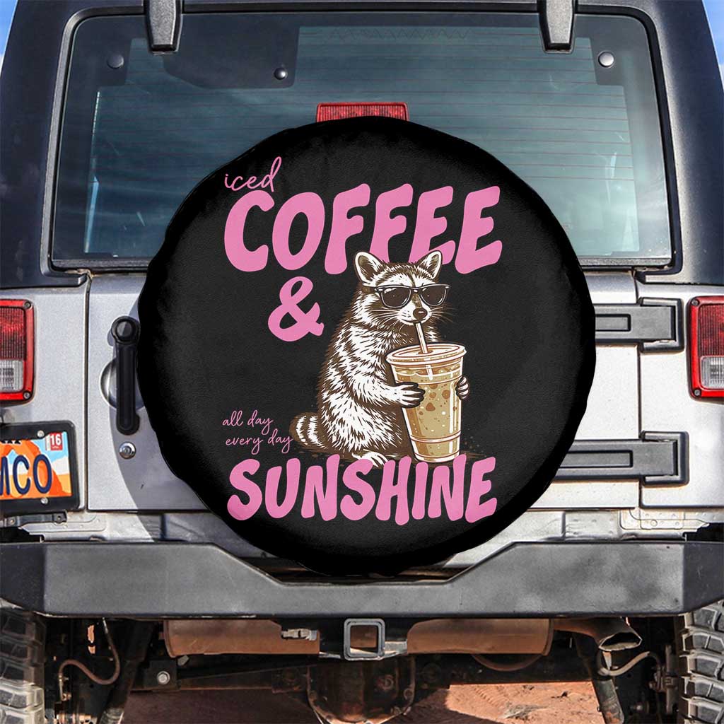 Iced Coffee and Sunshine Spare Tire Cover Funny Raccoon Summer Coffee Lover Gift TS14 No hole Black Print Your Wear