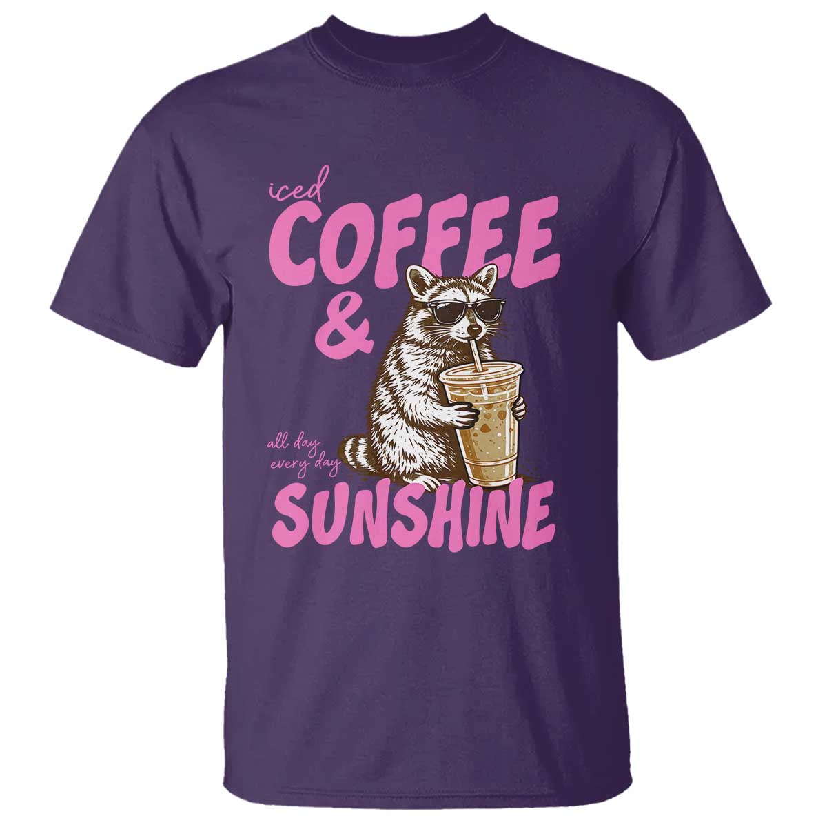 Iced Coffee and Sunshine T Shirt Funny Raccoon Summer Coffee Lover Gift TS14 Purple Print Your Wear
