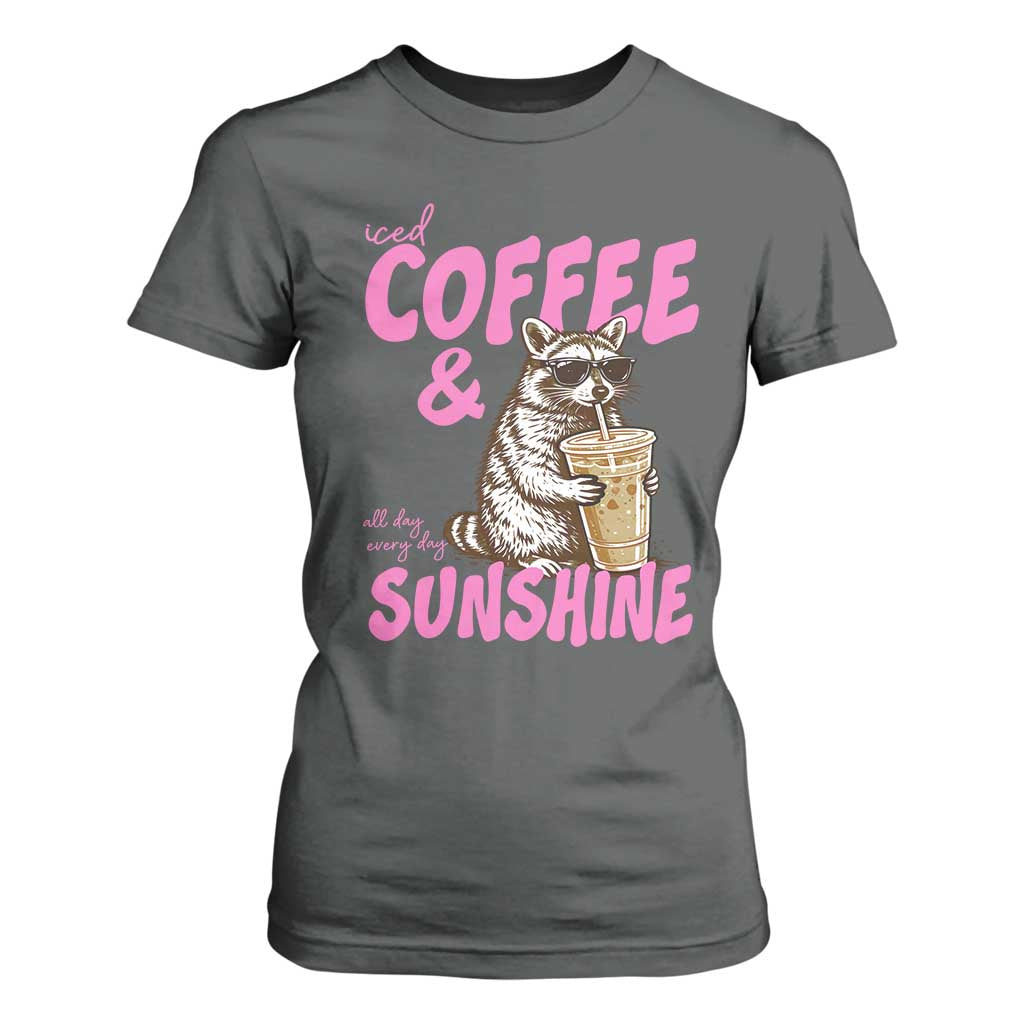 Iced Coffee and Sunshine T Shirt For Women Funny Raccoon Summer Coffee Lover Gift TS14 Dark Heather Print Your Wear