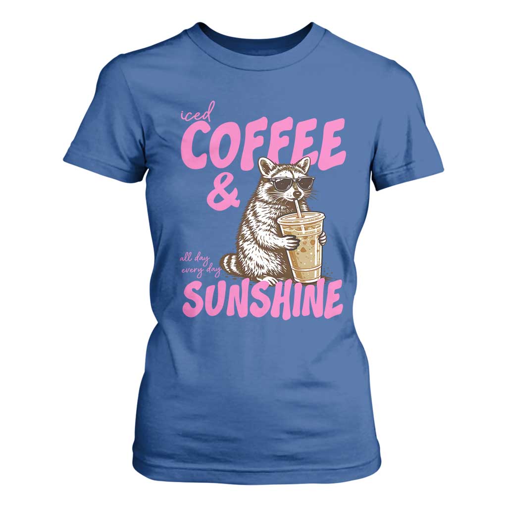 Iced Coffee and Sunshine T Shirt For Women Funny Raccoon Summer Coffee Lover Gift TS14 Royal Blue Print Your Wear