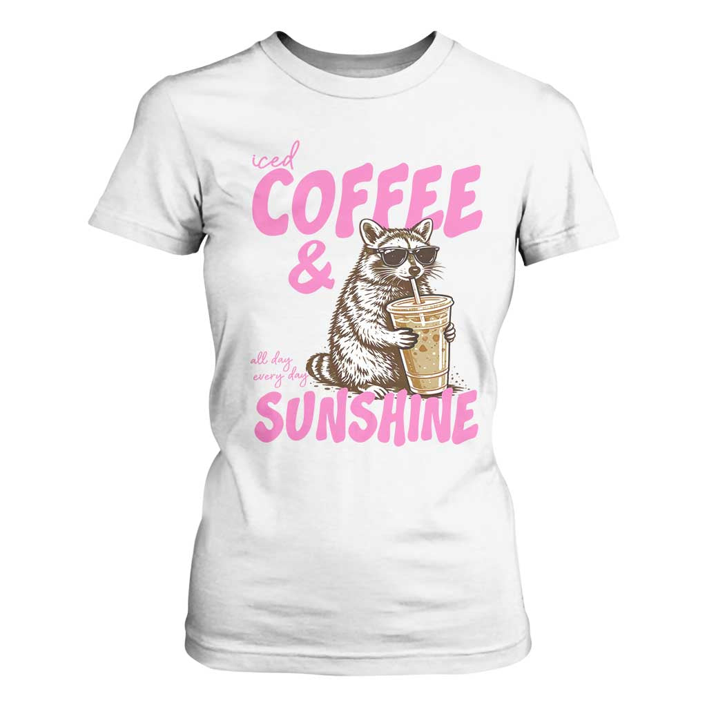 Iced Coffee and Sunshine T Shirt For Women Funny Raccoon Summer Coffee Lover Gift TS14 White Print Your Wear