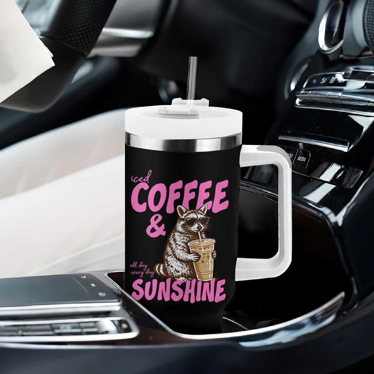 Iced Coffee and Sunshine Tumbler With Handle Funny Raccoon Summer Coffee Lover Gift TS14 Print Your Wear