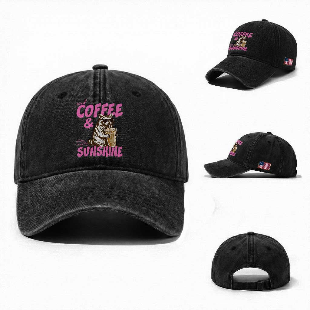 Iced Coffee and Sunshine Washed Cotton Baseball Cap Funny Raccoon Summer Coffee Lover Gift TS14 Washed Cap Universal Fit Black Print Your Wear
