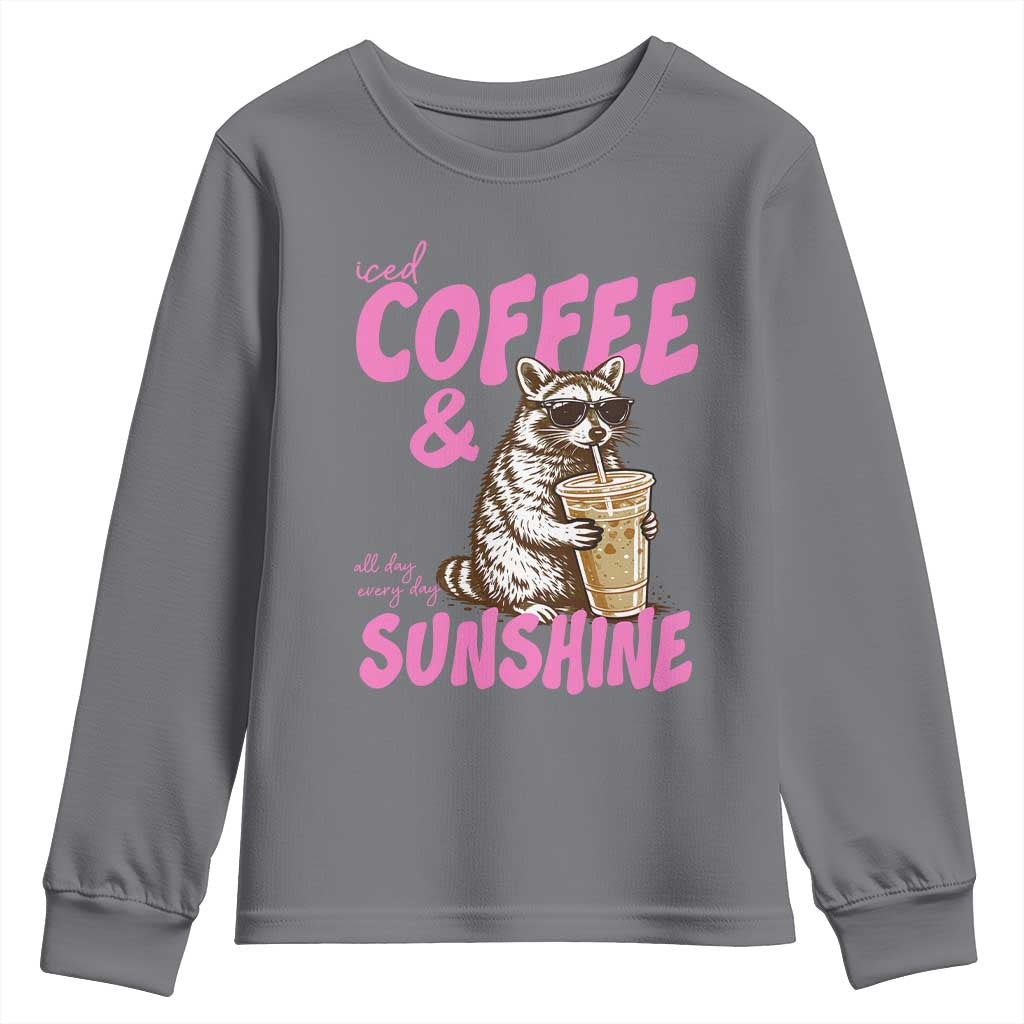 Iced Coffee and Sunshine Youth Sweatshirt Funny Raccoon Summer Coffee Lover Gift TS14 Charcoal Print Your Wear