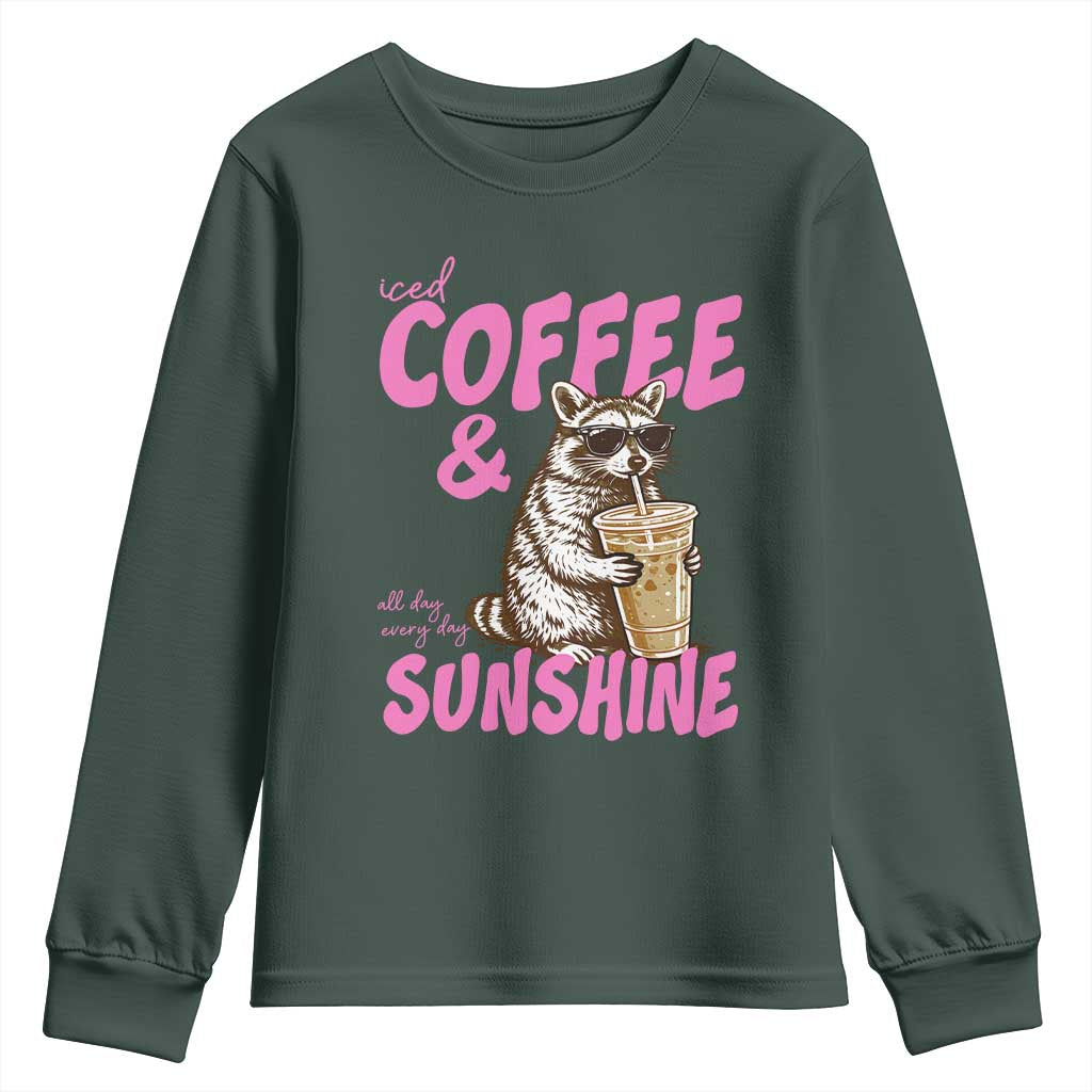 Iced Coffee and Sunshine Youth Sweatshirt Funny Raccoon Summer Coffee Lover Gift TS14 Dark Forest Green Print Your Wear