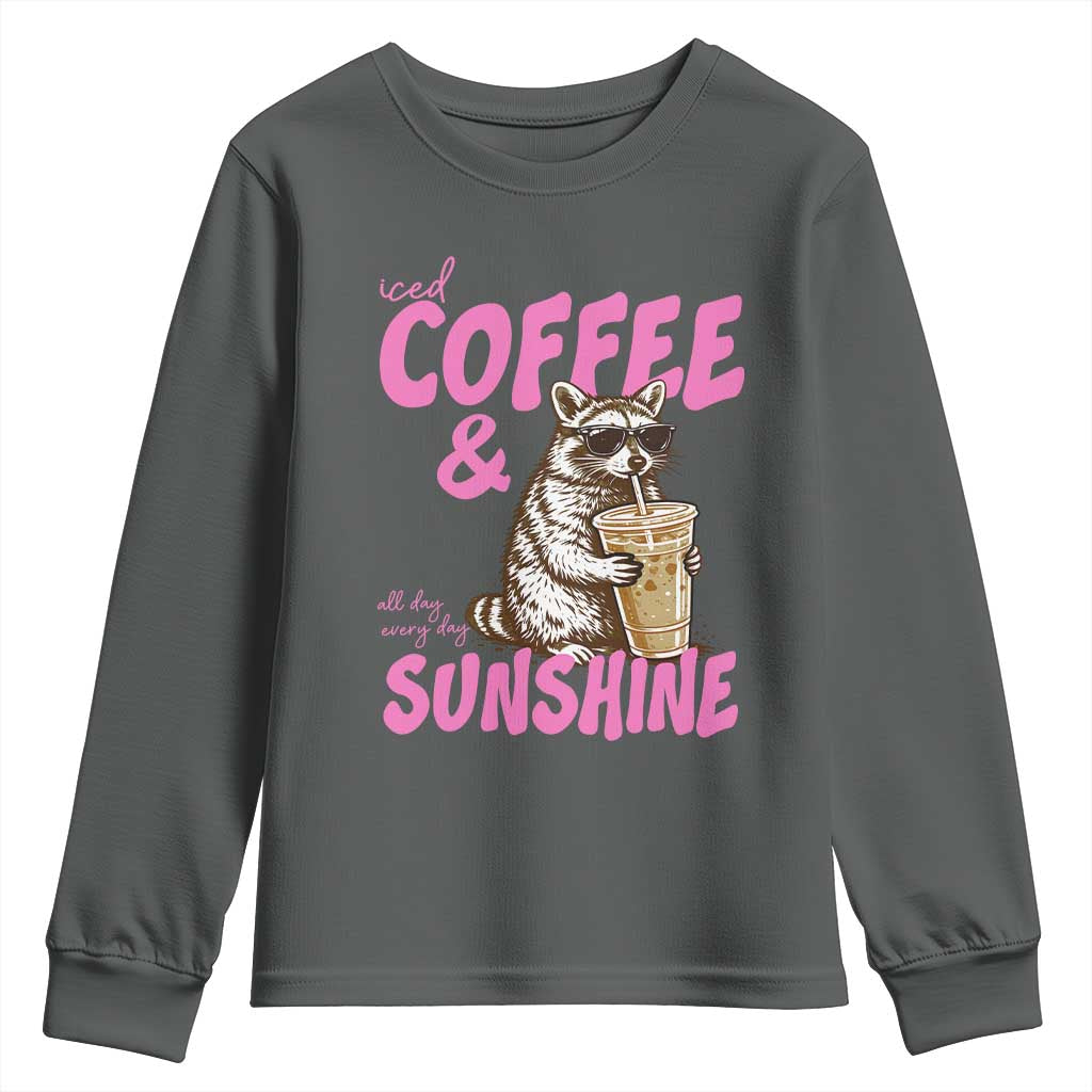 Iced Coffee and Sunshine Youth Sweatshirt Funny Raccoon Summer Coffee Lover Gift TS14 Dark Heather Print Your Wear