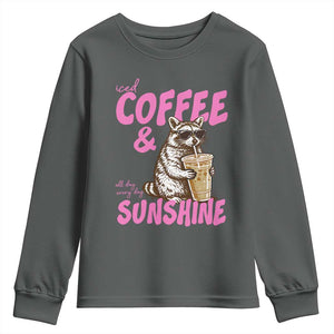 Iced Coffee and Sunshine Youth Sweatshirt Funny Raccoon Summer Coffee Lover Gift TS14 Dark Heather Print Your Wear