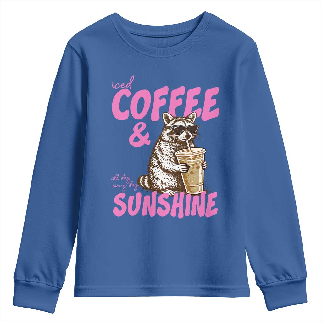 Iced Coffee and Sunshine Youth Sweatshirt Funny Raccoon Summer Coffee Lover Gift TS14 Royal Blue Print Your Wear