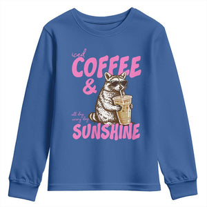 Iced Coffee and Sunshine Youth Sweatshirt Funny Raccoon Summer Coffee Lover Gift TS14 Royal Blue Print Your Wear