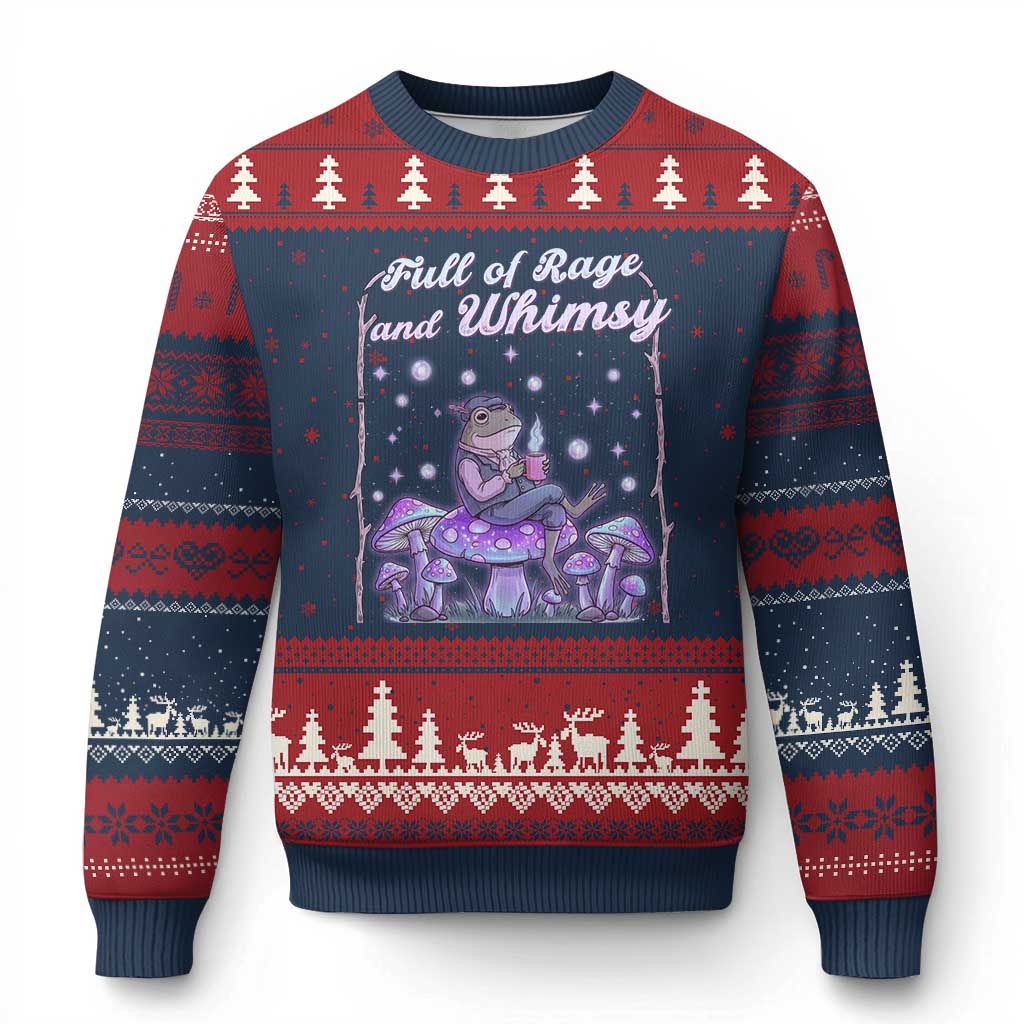 Full of Rage and Whimsy Ugly Christmas Sweater Funny Cottagecore Frog Coffee Whimsical Aesthetic TS14 Navy Red Print Your Wear
