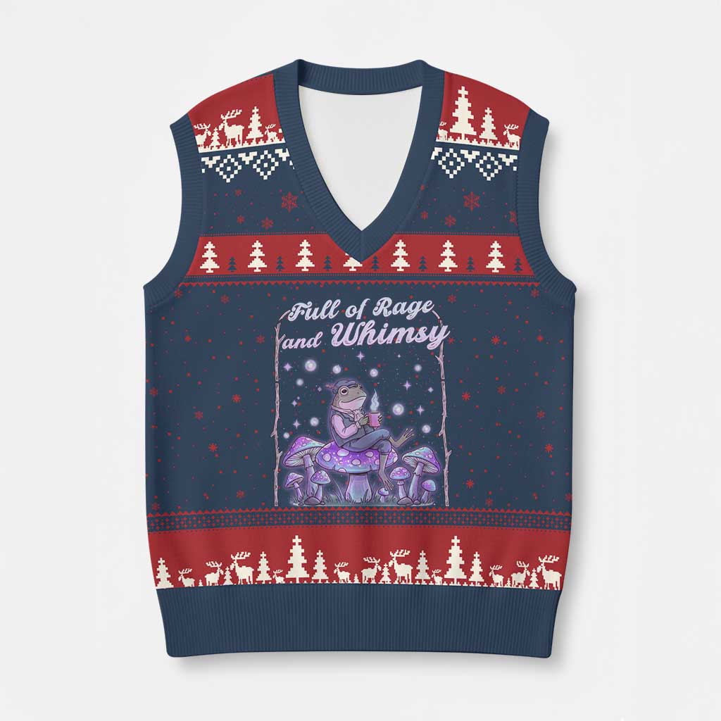 Full of Rage and Whimsy V-Neck Knit Sweater Vest Funny Cottagecore Frog Coffee Whimsical Aesthetic TS14 Navy Red Print Your Wear