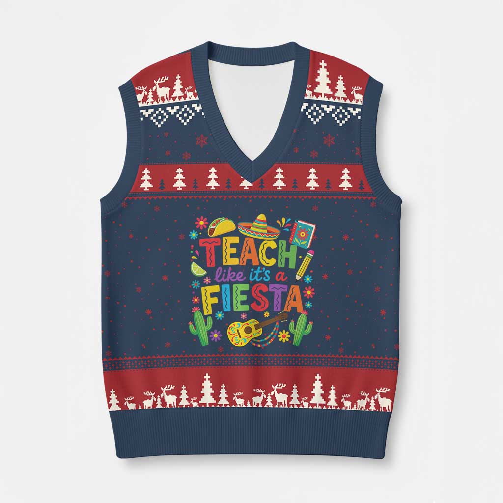 Cinco De Mayo Teacher V-Neck Knit Sweater Vest Teach Like Its A Fiesta TS14 Navy Red Print Your Wear
