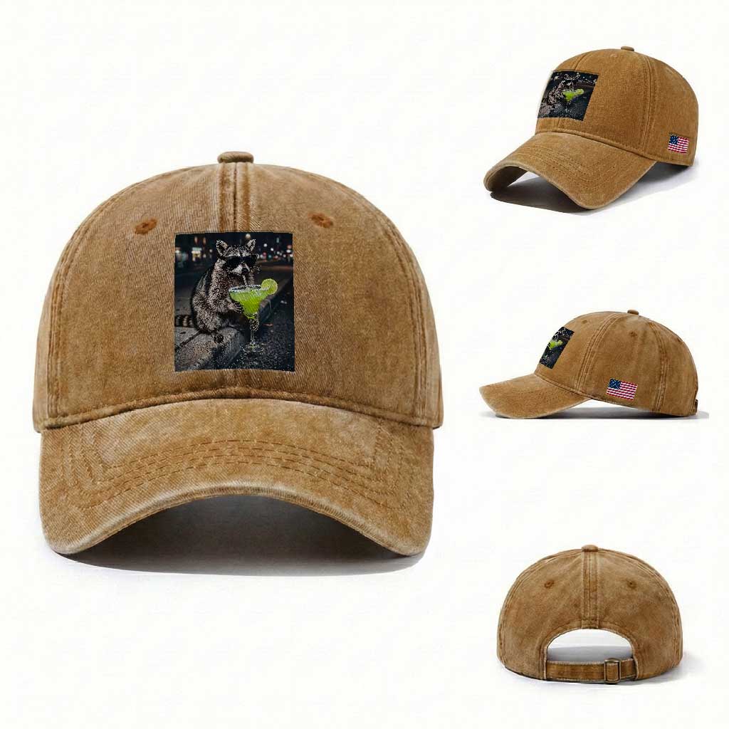 Margarita Cocktail Washed Cotton Baseball Cap Funny Raccoon Mexican Food Meme TS14 Washed Cap Universal Fit Yellow Ochre Print Your Wear