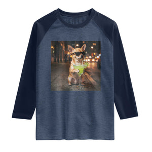 Cinco de Mayo Margarita Raglan Shirt Funny Chihuahua Drinking Cocktail Mexican Fiesta Gift TS14 Heather Denim Navy Print Your Wear