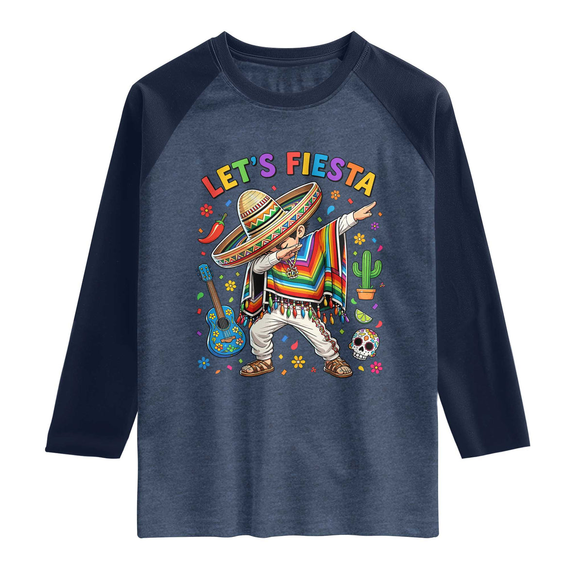 Lets Fiesta Raglan Shirt Funny Dabbing Boy Cinco De Mayo Fiesta TS14 Heather Denim Navy Print Your Wear