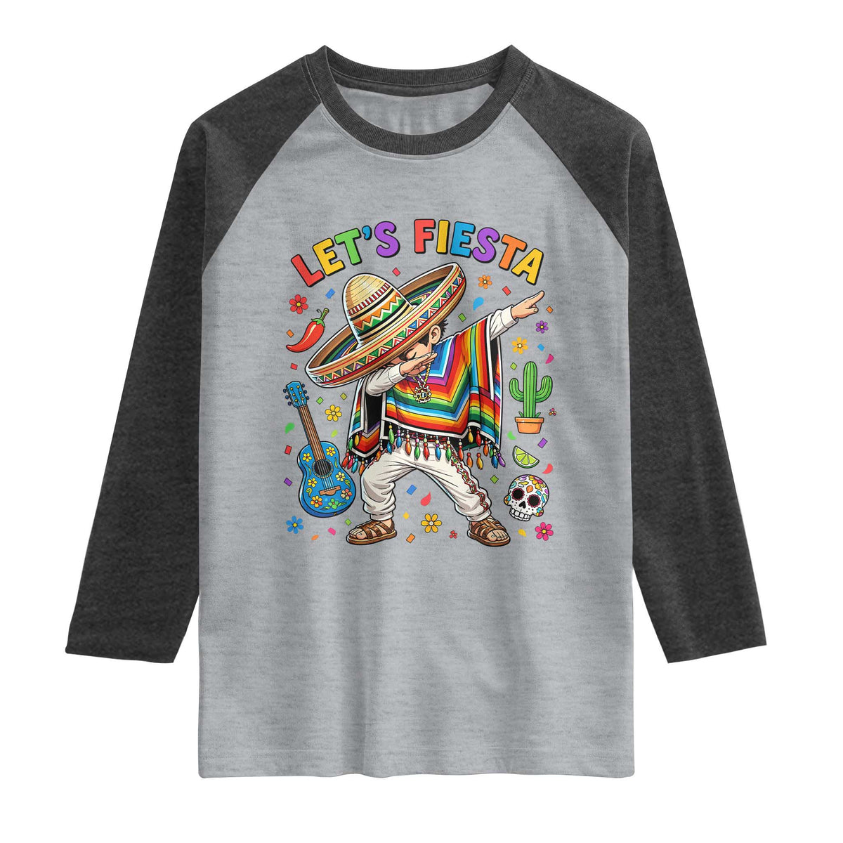Lets Fiesta Raglan Shirt Funny Dabbing Boy Cinco De Mayo Fiesta TS14 Heather Gray Heather Charcoal Print Your Wear