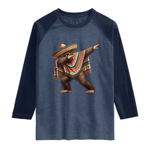Funny Bigfoot Dabbing Cinco De Mayo Fiesta Raglan Shirt TS14 Heather Denim Navy Print Your Wear