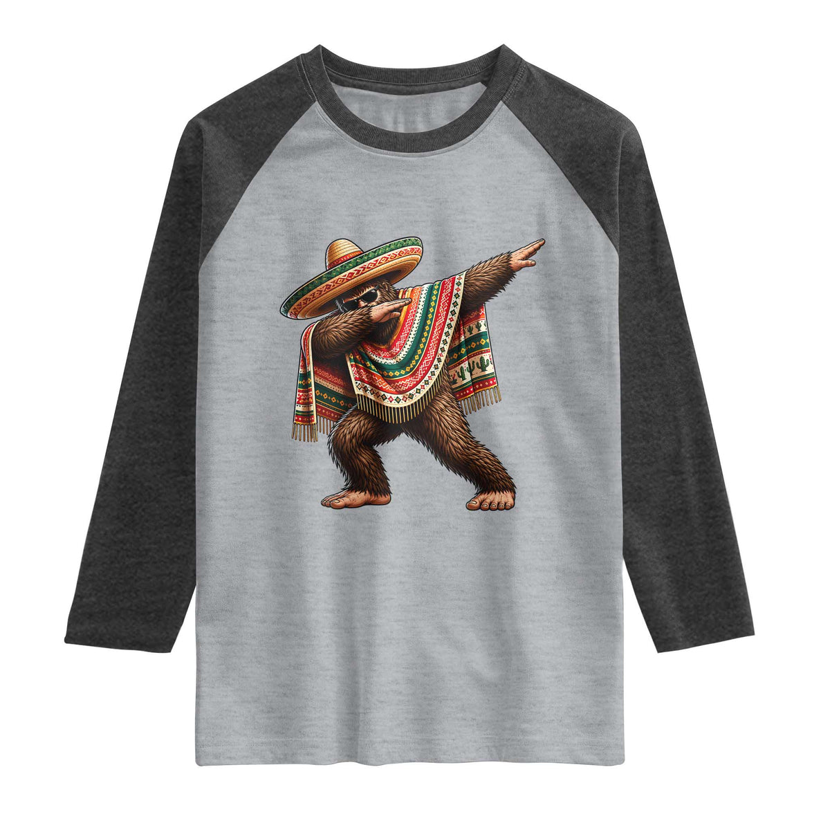 Funny Bigfoot Dabbing Cinco De Mayo Fiesta Raglan Shirt TS14 Heather Gray Heather Charcoal Print Your Wear