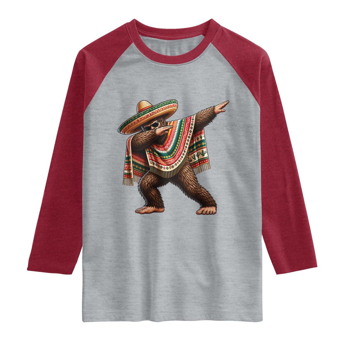 Funny Bigfoot Dabbing Cinco De Mayo Fiesta Raglan Shirt TS14 Heather Gray Heather Red Print Your Wear