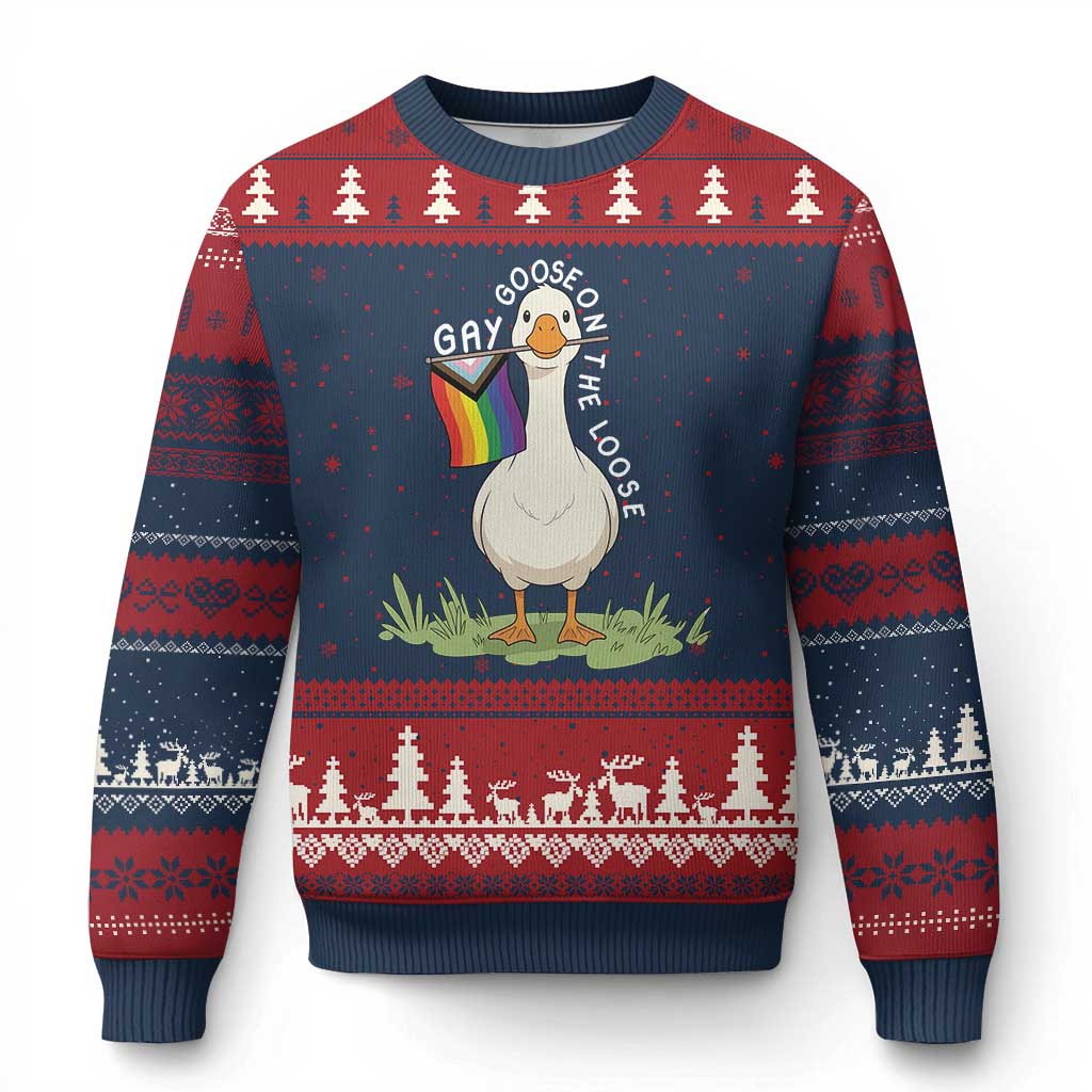 Silly Goose LGBTQ Rainbow Ugly Christmas Sweater Funny Gay Pride Month TS14 Navy Red Print Your Wear