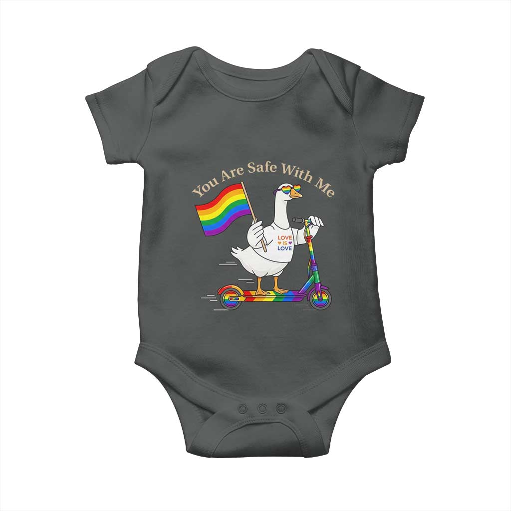 You Are Safe With Me Baby Onesie LGBTQ Pride Goose Rainbow TS14 Dark Heather Print Your Wear