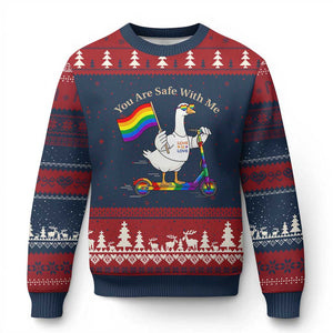 You Are Safe With Me Ugly Christmas Sweater LGBTQ Pride Goose Rainbow TS14 Navy Red Print Your Wear