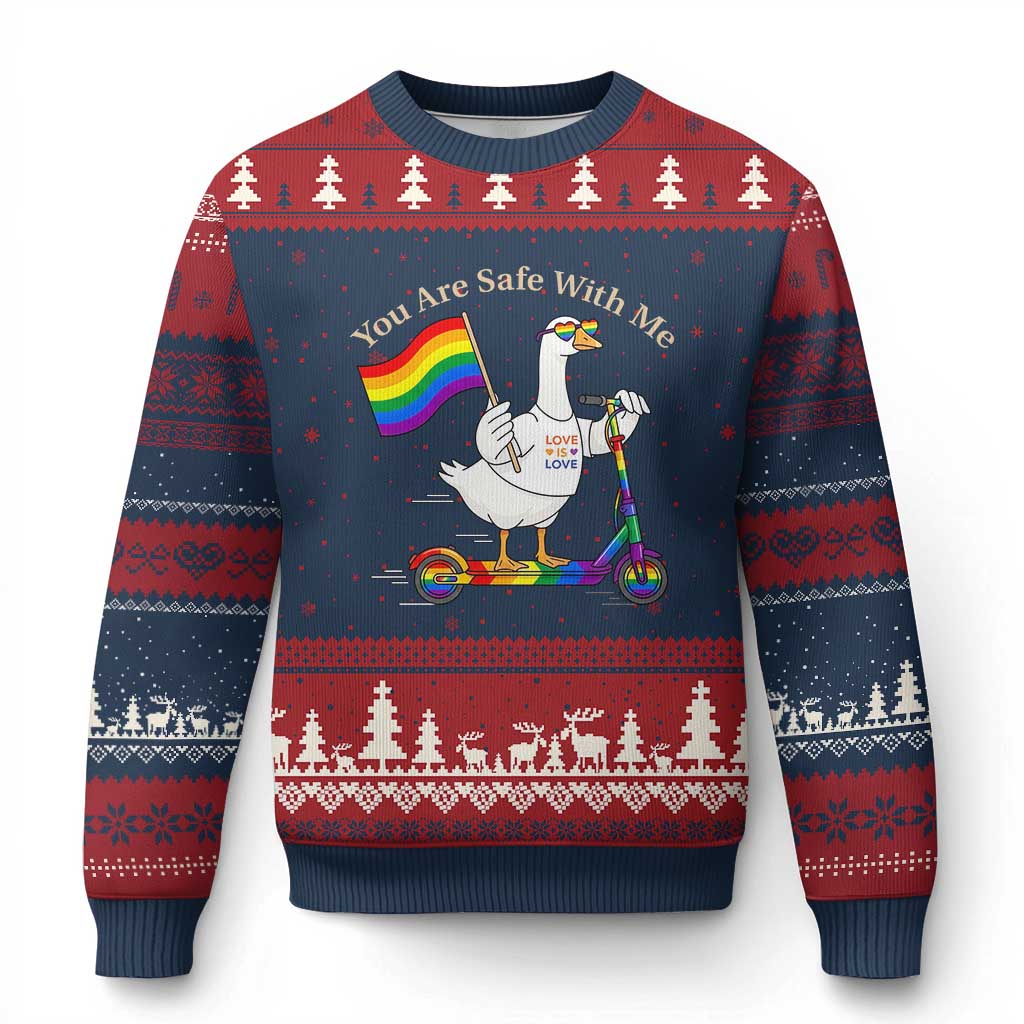 You Are Safe With Me Ugly Christmas Sweater LGBTQ Pride Goose Rainbow TS14 Navy Red Print Your Wear