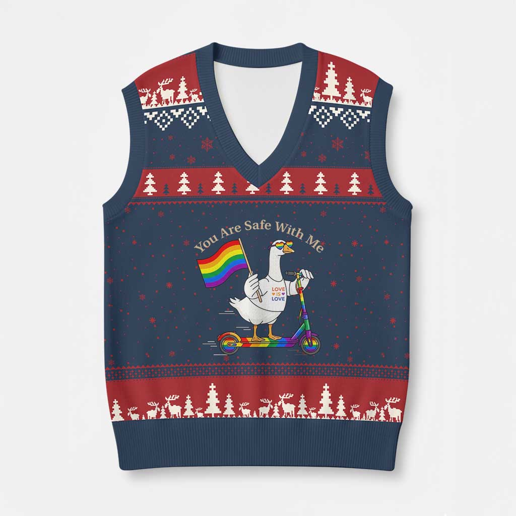 You Are Safe With Me V-Neck Knit Sweater Vest LGBTQ Pride Goose Rainbow TS14 Navy Red Print Your Wear