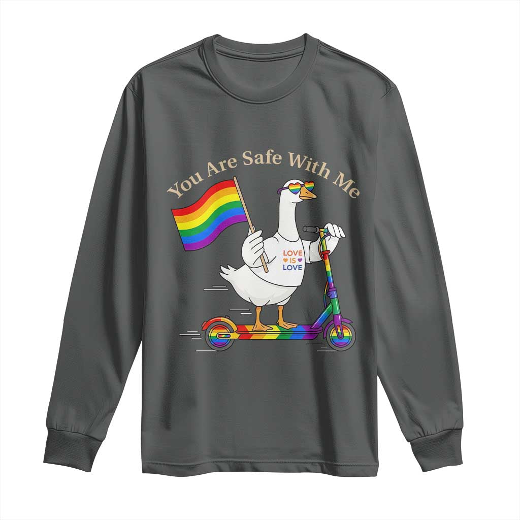 You Are Safe With Me Long Sleeve Shirt LGBTQ Pride Goose Rainbow TS14 Dark Heather Print Your Wear