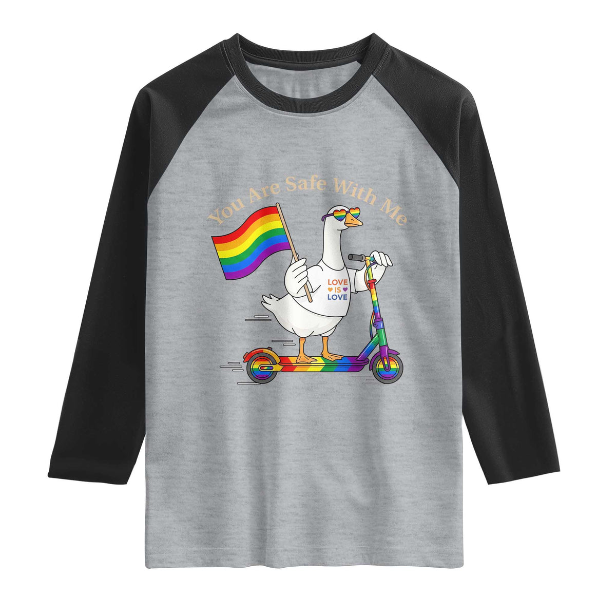 You Are Safe With Me Raglan Shirt LGBTQ Pride Goose Rainbow TS14 Heather Gray Black Print Your Wear