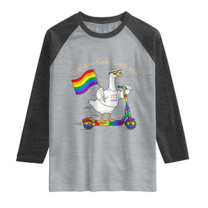 You Are Safe With Me Raglan Shirt LGBTQ Pride Goose Rainbow TS14 Heather Gray Heather Charcoal Print Your Wear
