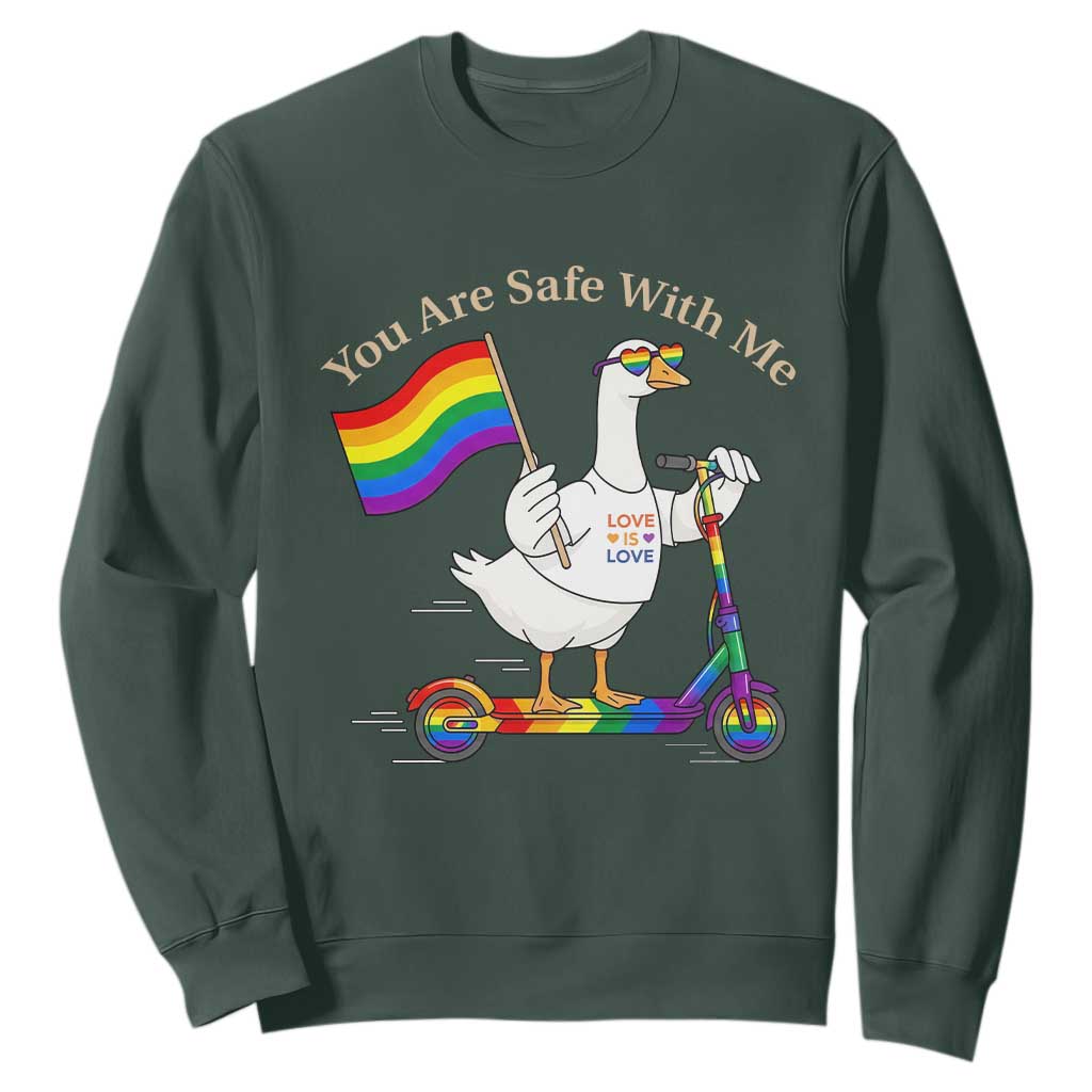 You Are Safe With Me Sweatshirt LGBTQ Pride Goose Rainbow TS14 Dark Forest Green Print Your Wear