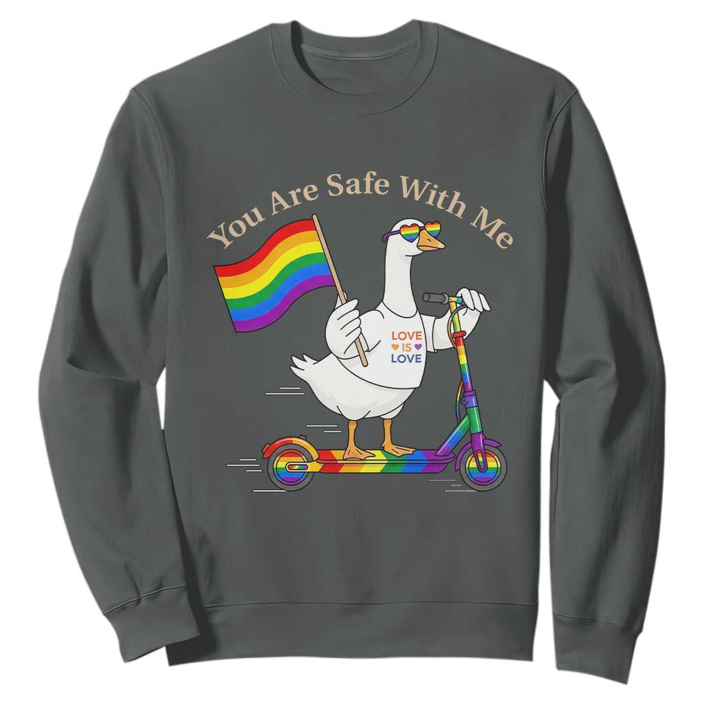 You Are Safe With Me Sweatshirt LGBTQ Pride Goose Rainbow TS14 Dark Heather Print Your Wear