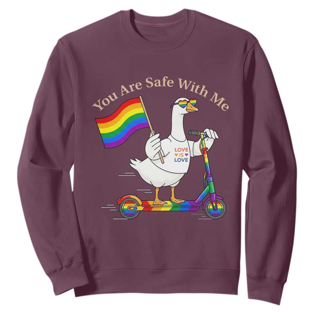 You Are Safe With Me Sweatshirt LGBTQ Pride Goose Rainbow TS14 Maroon Print Your Wear