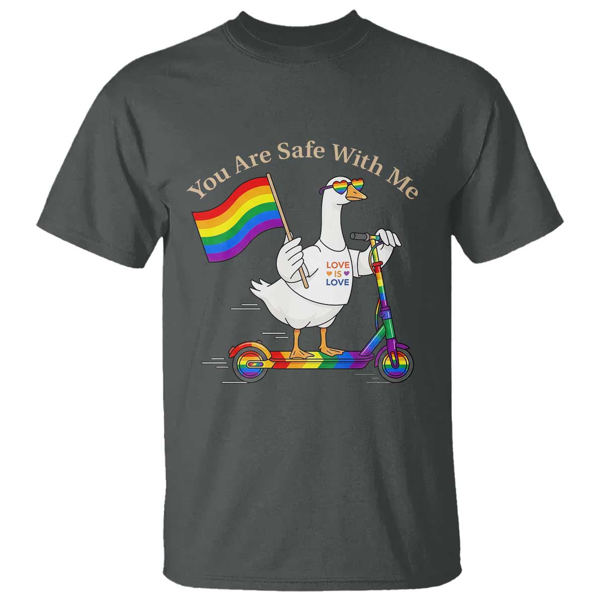 You Are Safe With Me T Shirt LGBTQ Pride Goose Rainbow TS14 Dark Heather Print Your Wear