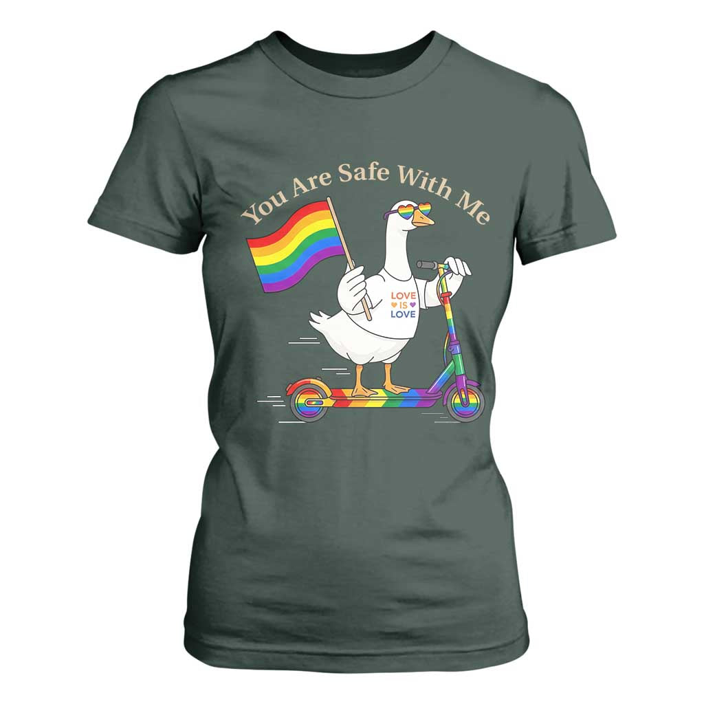 You Are Safe With Me T Shirt For Women LGBTQ Pride Goose Rainbow TS14 Dark Forest Green Print Your Wear