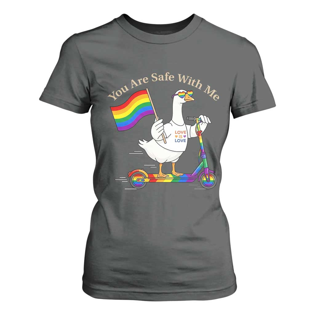 You Are Safe With Me T Shirt For Women LGBTQ Pride Goose Rainbow TS14 Dark Heather Print Your Wear