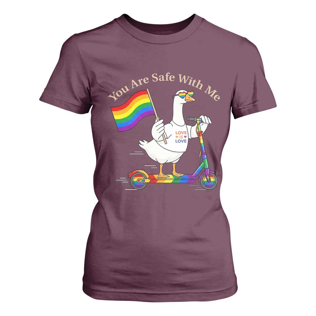 You Are Safe With Me T Shirt For Women LGBTQ Pride Goose Rainbow TS14 Maroon Print Your Wear